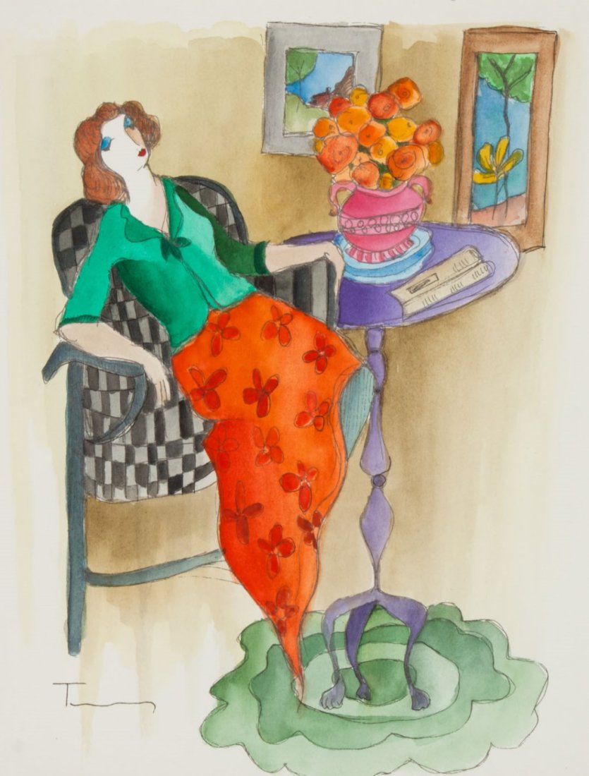 Itzchak Tarkay. Woman Seated by Table, watercolor: (Israeli, 1935-2012). Watercolor on paper, signed "Tarkay" ll, 13 x 10 1/4 in., framed