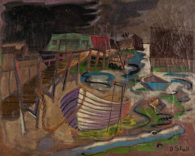 John Deforest Stull "Urban Waterfront," oil: (American, 1910-1972). Oil on canvas, signed "D. Stull" lr, 32 x 40 in., framed