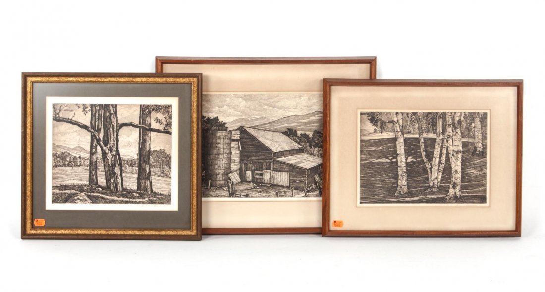 Luigi Lucioni. Three framed etchings: (Italian/American, 1900-1988). 1.) "Vermont Survival," signed "Luigi Lucioni" lr, 10 x 12 3/4 in. 2.) "The Birch Grove," signed "Luigi Lucioni" lr, 8 3/4 x 12 in. 3.) "Dominating Trees," signed "Luigi