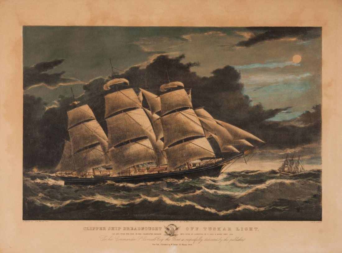 Nathaniel Currier "Clipper Ship Dreadnought" litho: (American, 1830-1888). "Clipper Ship Dreadnought Off Tuskar Light," color lithograph, 19 x 26 in., framed