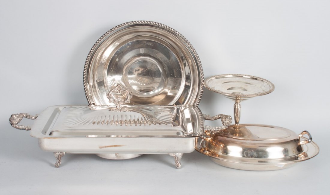Empire sterling silver weighted compote: 6 in. H., together with 3 silver-plated serving pieces, including: serving bowl, covered vegetable dish with glass sectional insert, and a rectangular-shaped footed covered dish (one foot broken off)