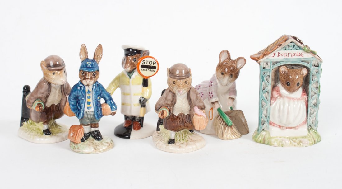 Six Royal Doulton & Royal Albert figurines: four Royal Albert Beatrix Potter figurines, including: "Miss Dormouse," "Hunca Munca Sweeping," and two "Johnny Town Mouse," and two Royal Doulton "Bunnykins," including: "School Boy" and "Lollipop Ma