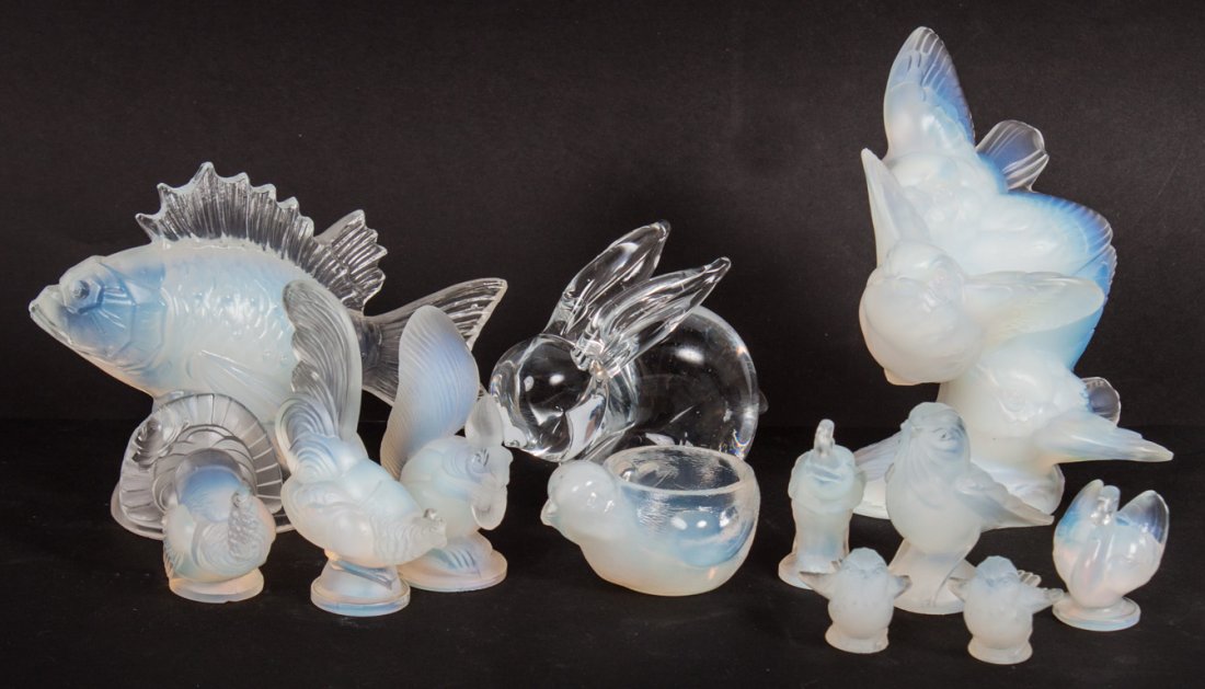 10 Sabino opalescent glass animals: including: 3 small songbirds, large songbird group, elephant, squirrel, rooster, turkey, swan, chick egg cup, miscellaneous fish, and a Swedish glass rabbit