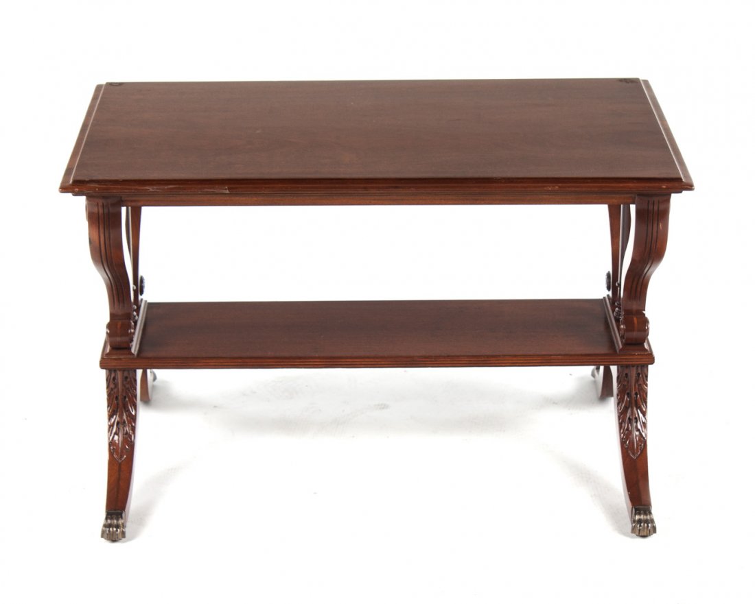 Ethan Allen classical style side table: mahogany two-tier table with scroll legs and supports, 16 in. H., 27 in. L., 17 in. W.