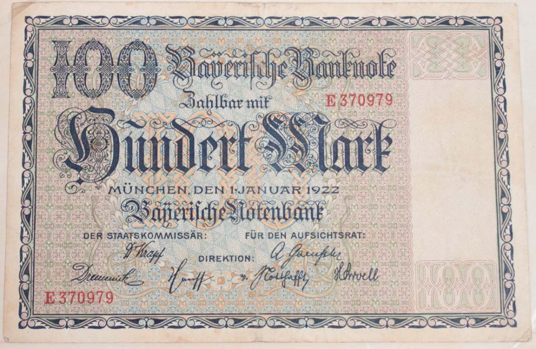 Sixteen banknotes of Bavaria and other states: 1900-1923, including Bavaria 100 mark, series of 1901; eleven Bavarian inflation issues, 1922-'23 (100 to 25,000,000 marks); and others