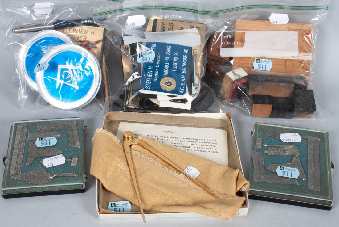 Assortment of Masonic items: including: rubber stamps, coasters, buttons, patches, badges, and miniatures