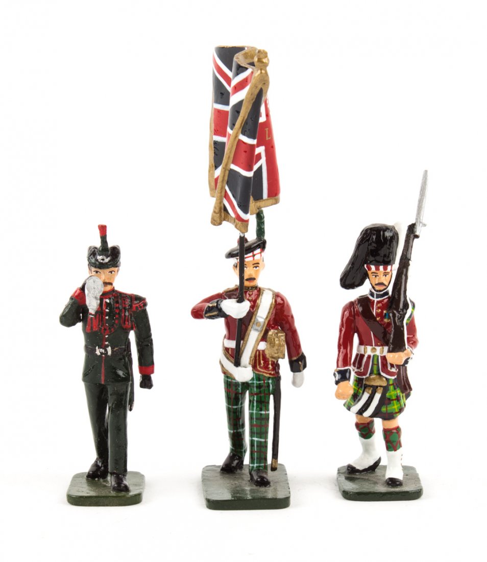 Three "Frontline" lead figure sets: including: "P.D.S. #11. "British Queen's Own Cameron Highlanders," P.D.S. #9. "British King's Own Scot Borderers Brigade," and T.D.B. #3. "British Rifle Regiment Band," all in original boxes