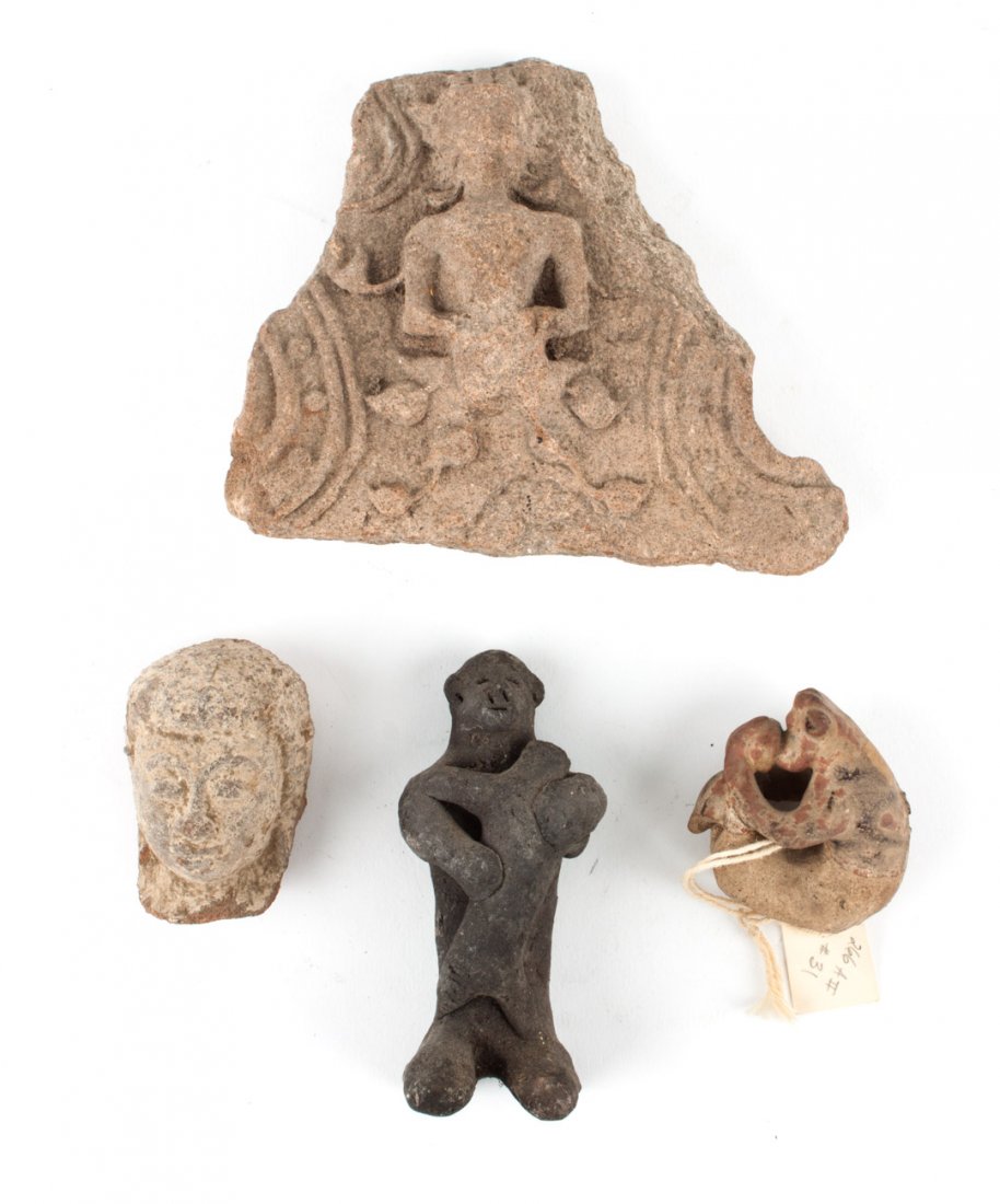 Four Thai or Khmer earthenware items: comprising: an architectural fragment centering an apsara, 4 3/8 in. H.; a head of the Buddha, 2 1/4 in. H.; a primitive figure of a mother and child, 3 7/8 in. H.; and a painted figure of a monkey, 2