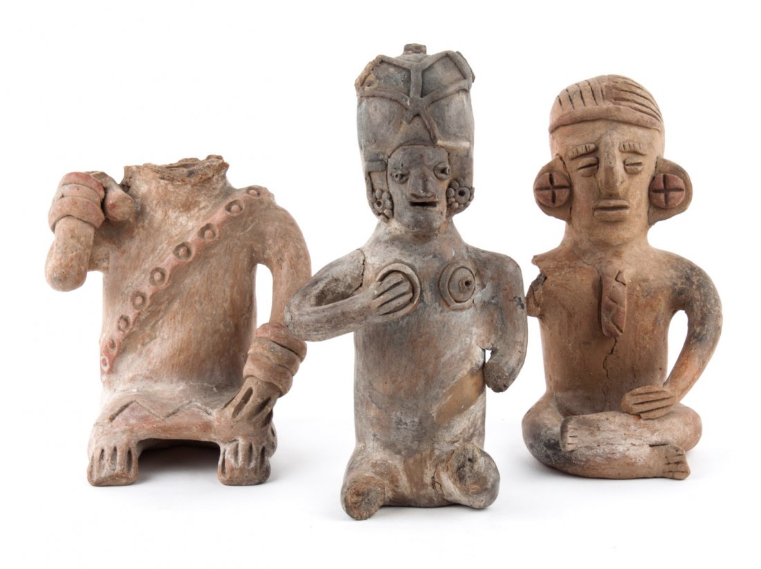 Six Pre-Columbian earthenware figures: representing various cultures, including Veracruz and other Southern Mexican people
