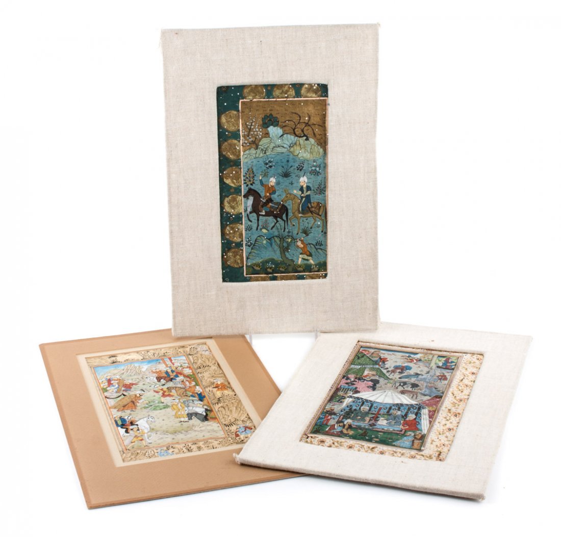 Three Indo-Persian miniature paintings: each on a manuscript leaf, apparently illustrations of the Shah Nameh; each about 11 1/4 X 6 1/2 in., all in mats
