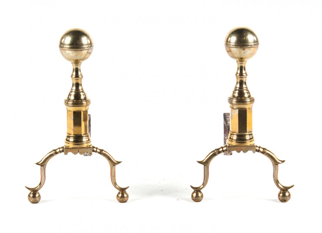 Pair of Federal brass cannonball andirons: circa 1800; 16 in. H.