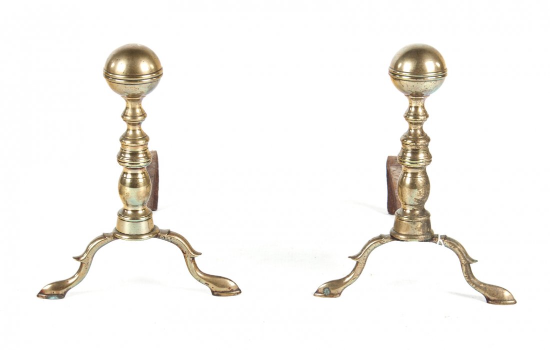 Pair of Federal brass cannonball andirons: circa 1800; 12 in. H.