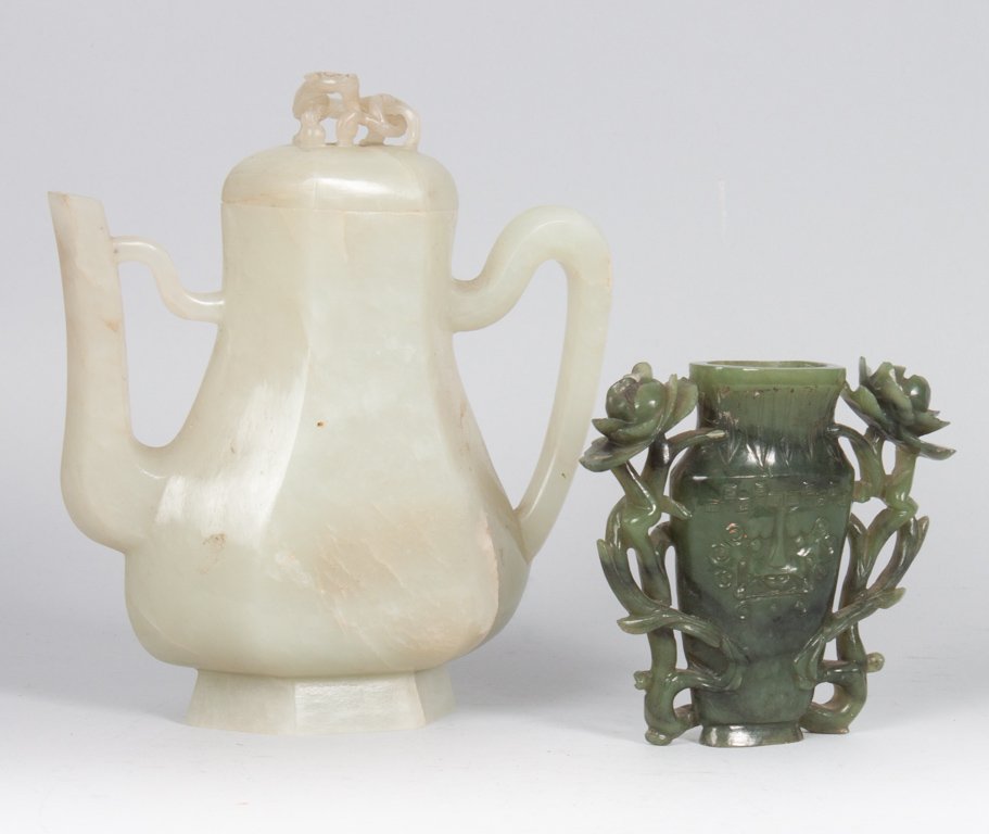 Chinese carved jade teapot and urn: mutton fat teapot - 7 in. H., spinach jade urn with entwined flowers, 4 in. H.