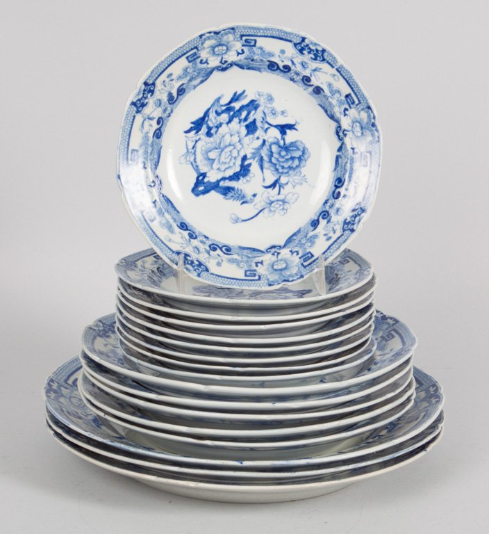 English style blue and white ironstone dinnerware: 19th century; blue and white transfer design in the Chinese manner, Mason's type mark, 17 pieces, comprising: 3 dinner plates, 5 luncheon plates, and 9 bread plates, 6 to 10 in. Diam.