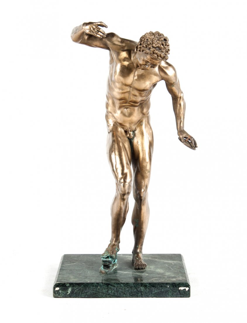 Classical style music-making faun: after antique original, polished bronze figure modeled as male nude standing on bellows holding cymbals, mounted on variegated green marble base, 23 in. H.