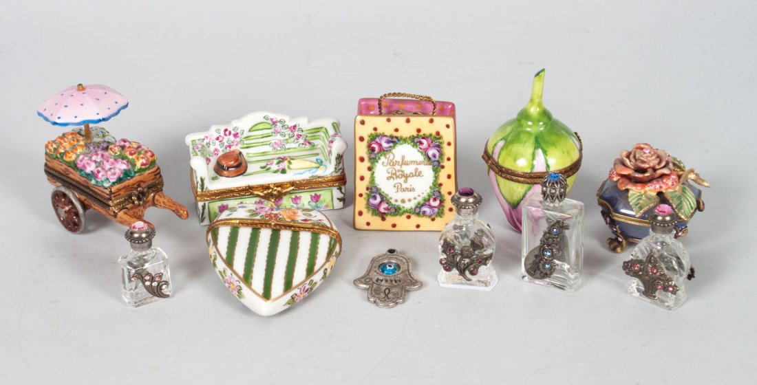 Limoges boxes, scent bottles, & Strongwater box: five Limoges gilt-metal-mounted boxes, including: flower cart, sofa, shopping bag, rose, and heart; four pewter and faux jewel mounted glass scent bottles, and a Jay Strongwater enameled metal ring bo