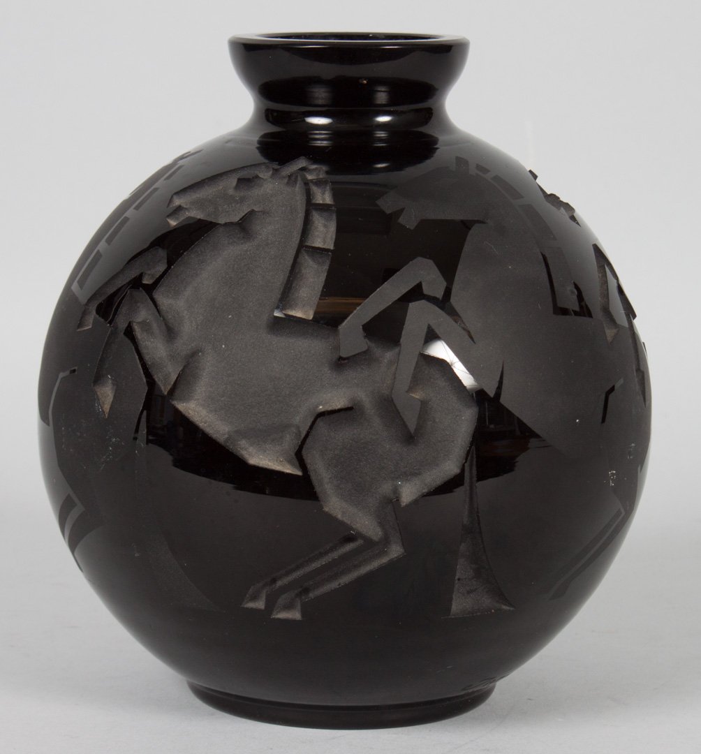 Yarbil Nancy Art Deco glass vase: circa 1930; globular amethyst glass vase with acid etched and cut decoration of prancing horses, designed by Andre DeLatte, acid etched "Yarbil Nancy" and "Made in France," 6 1/2 in. H.