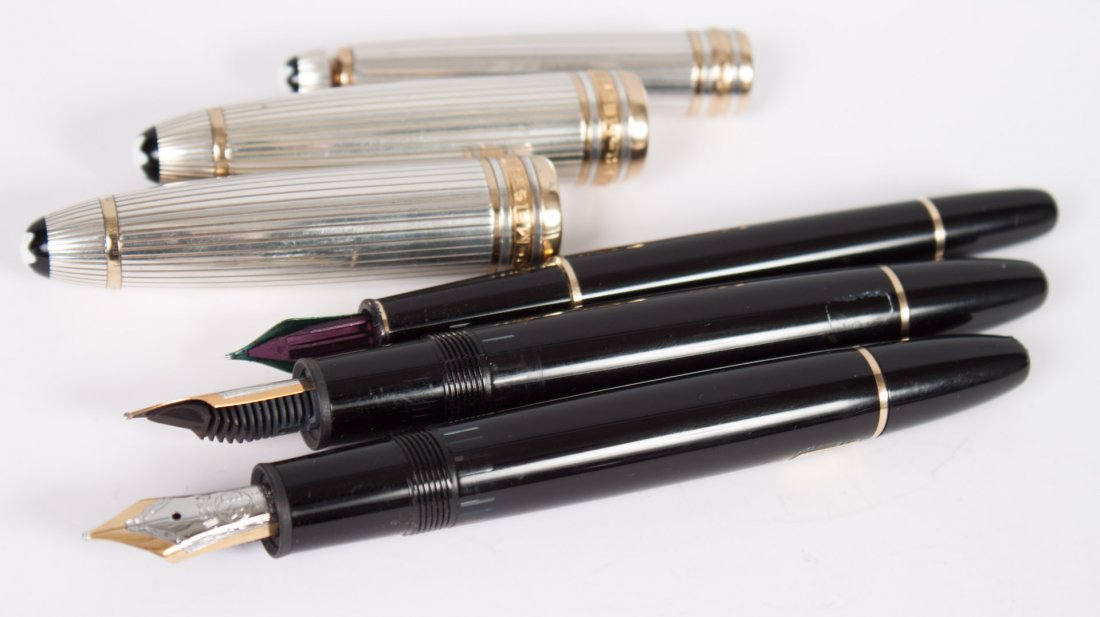 Three Montblanc Meisterstuck fountain pens: each with sterling silver cap