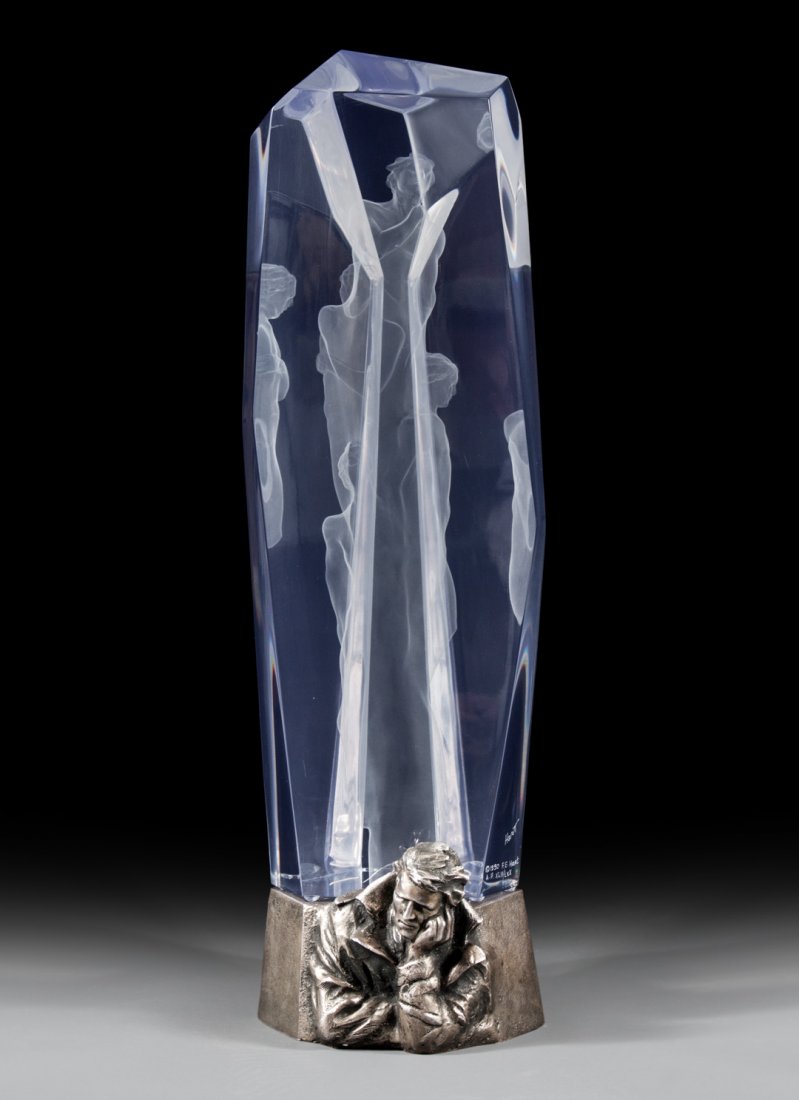 Frederick Hart. "Elegy," acrylic lucite sculpture: dated 1990; ( American, 1943-1999), abstract sculptural form on "brushed bronze base" with relief bust portrait for artist, sculpture inscribed "Hart 1990 F.E. Hart A.P. XLIII/LXX C.A.I.," sculpture -