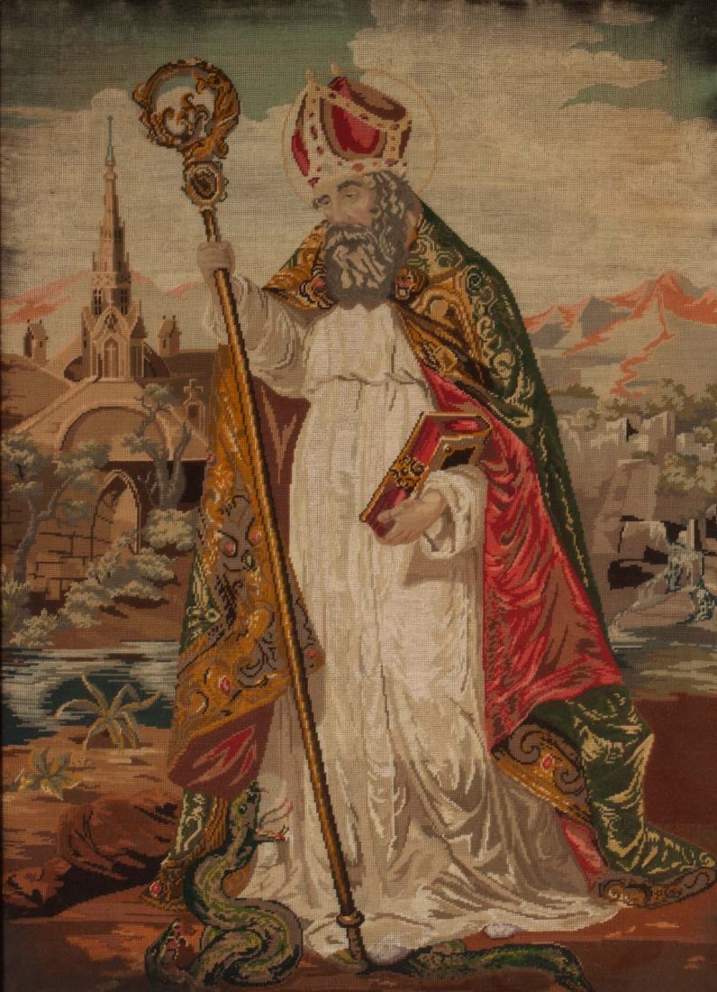 English needlepoint portrait of St. Patrick: late 19th/early 20th century; full-length portrait patron saint of Ireland in landscape with cathedral in background crushing serpent, in giltwood frame, 53 in. H., 41 in. W.