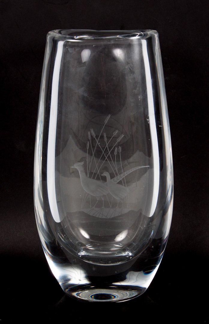 Orrefors etched glass vase: with etched pheasants in grass decoration, designed by Sven Palmquist, engraved "Orrefors P. 3723 O.T.F.R. Sven Palmquist," 7 in. H.
