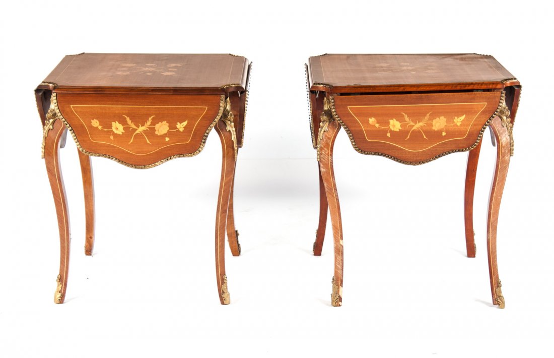 Pair of Louis XV style drop leaf side tables: each gilt-metal-mounted table with floral and stringer inlay and four drop leaves, 27 in. H., 24 in. Sq., with four 9 in. drop leaves