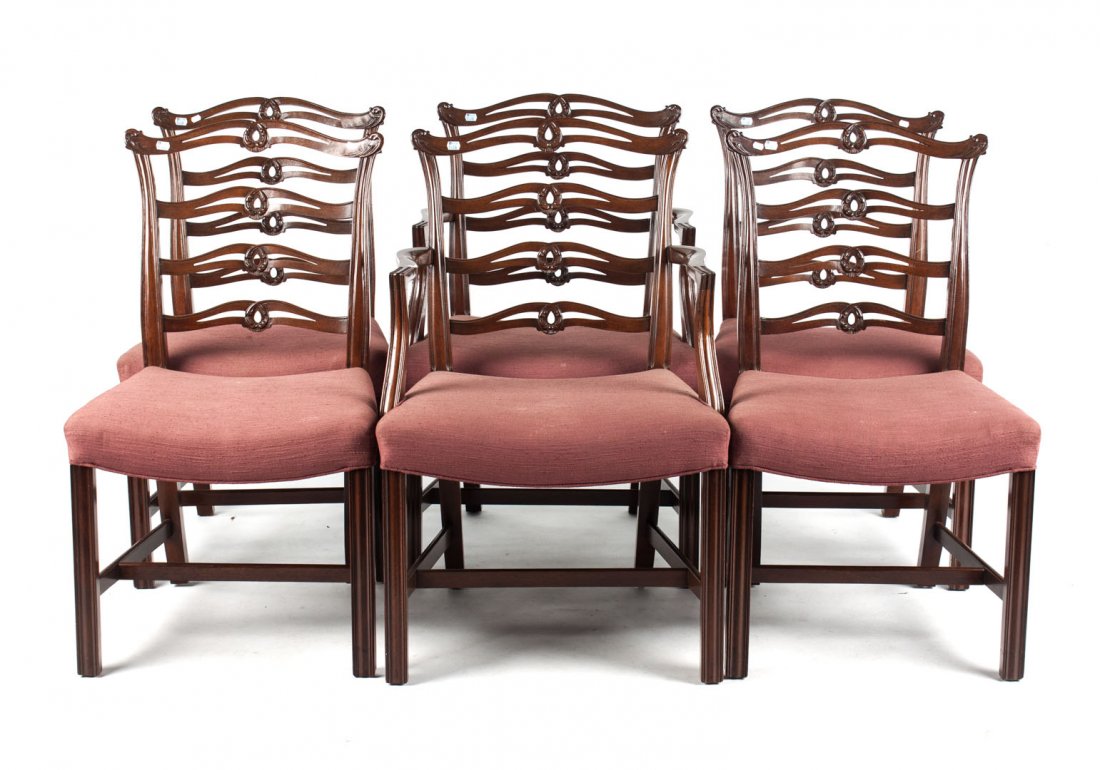 Six Federal style ladder-back dining chairs: comprising two arms and four sides, mahogany frames with four horizontal splats, and overupholstered saddle seat, 37 in. H., 24 in. W.