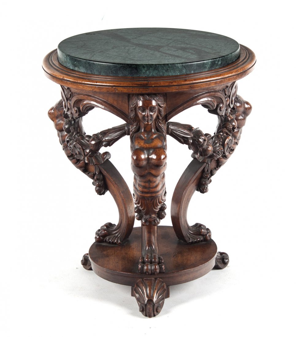 French style Renaissance Revival gueridon: circular table with green marble insert, and three carved female monopodia connected by floral swag on circular base on scroll feet, 24 in. H., 19 in. Diam.