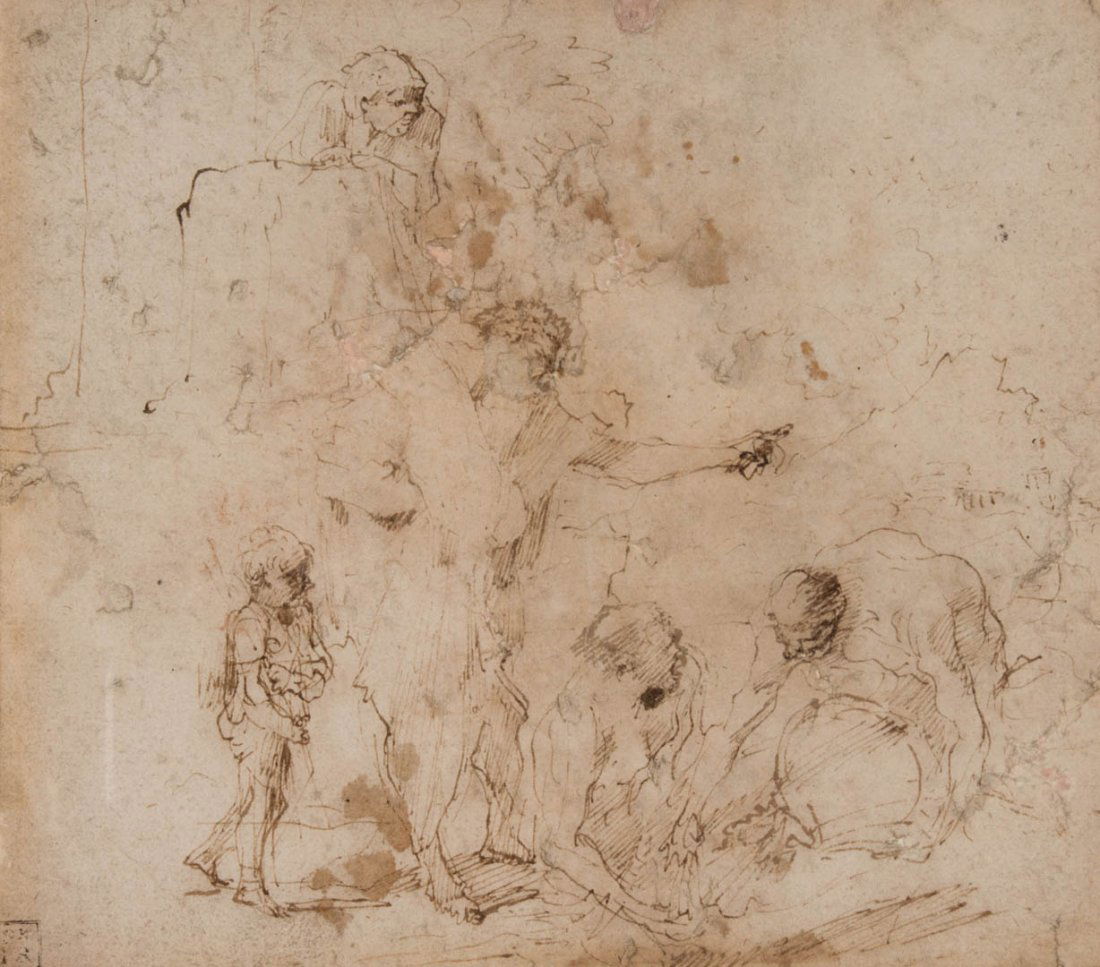 Possible attr. to Rembrandt van Rijn, pen and ink: Study of Figures, mid-17th century, pen and ink on paper, 7 x 8 in., framed