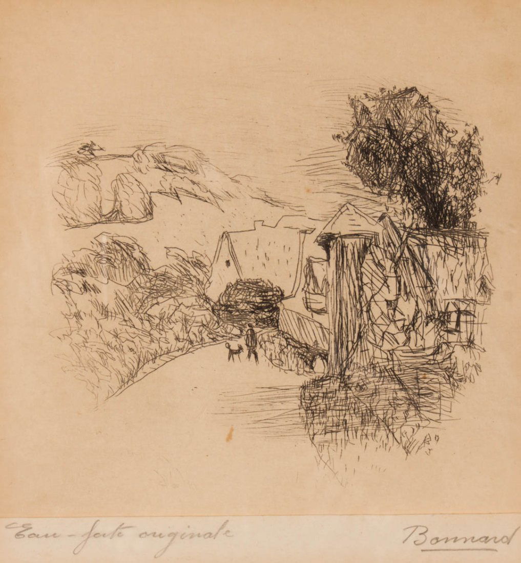 Pierre Bonnard. "le Village," etching: (French, 1867-1947). 5 1/2 x 5 1/2 in., framed