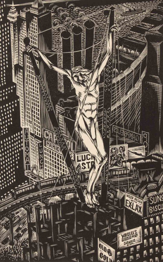 Isaac Friedlander.Christ Over New York, engraving: (American, 1890-1968). Wood engraving, 12 x 7 1/2 in.,unframed