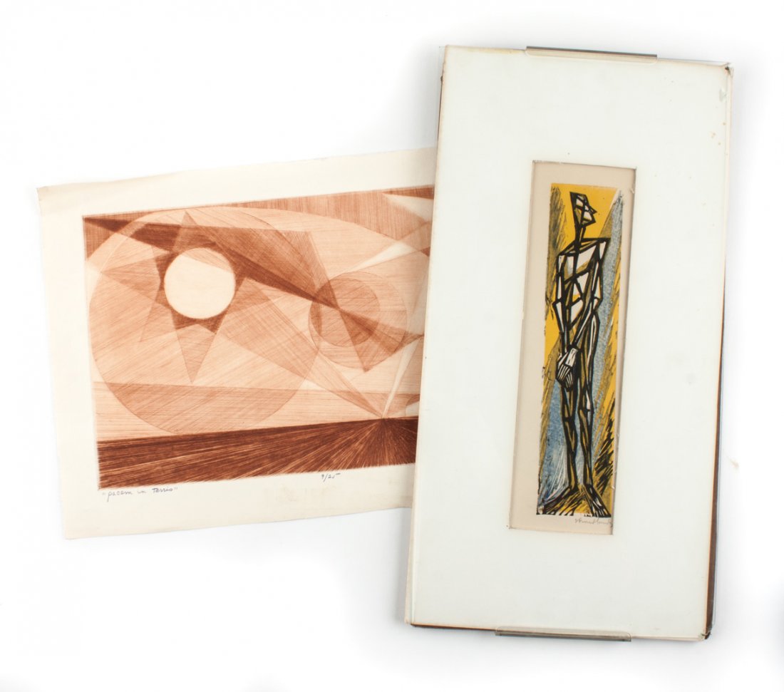 Isaac Friedlander. Etching and color woodblock: (American, 1890-1968). 1.) "Pacim in Terris," etching, ed. 9/25, signed and dated "Isac Friedlander, 1968" lr, unframed. 2.) Standing Man, color woodblock print, signed "I. Friedlander" lr, 11 x 21/2