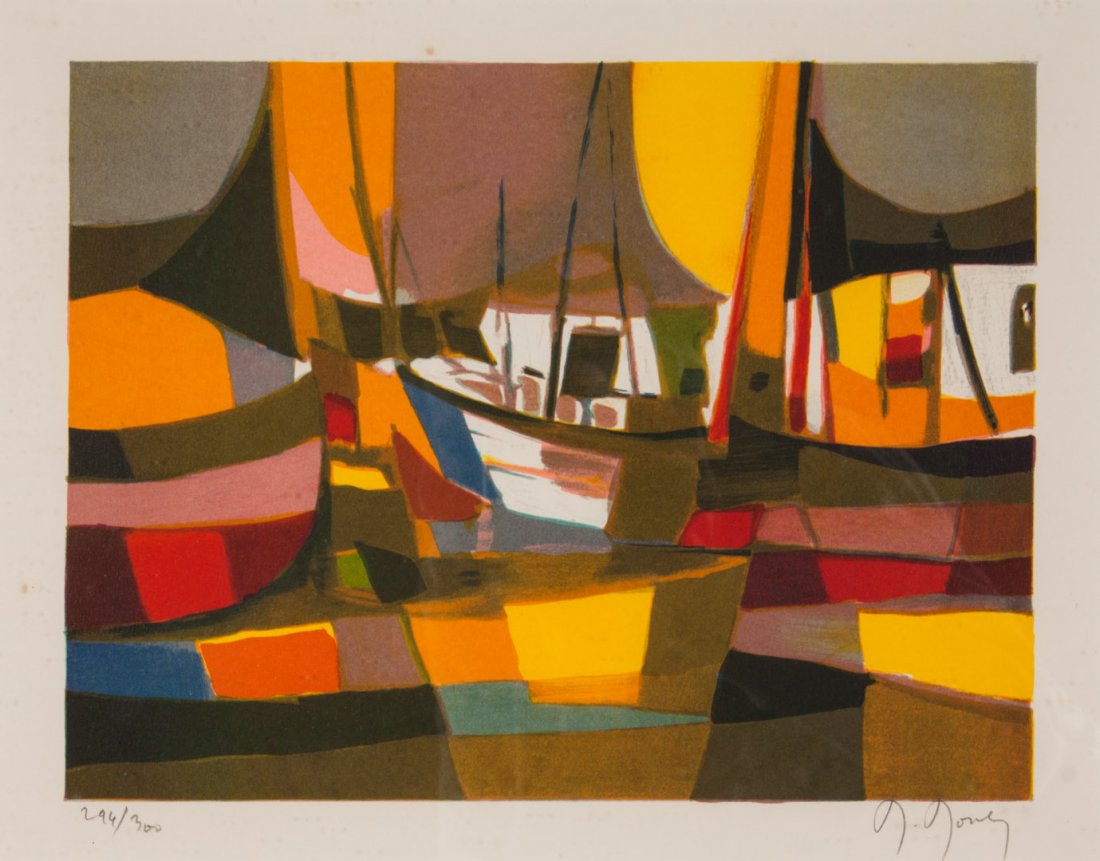 Marcel Mouly. Abstract Ships, color lithograph: (French, 1918-2008). Ed. 294/300, signed "M. Mouly" lr, 9 1/2 x 12 1/4 in., framed