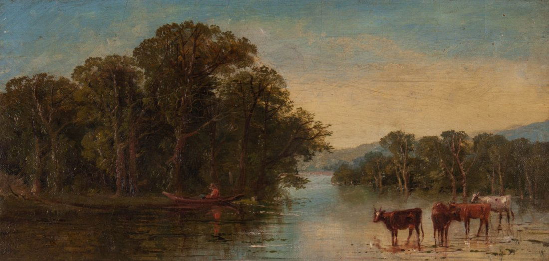 British School, late 19th c. Landscape, oil: Landscape with Watering Cattle, oil on canvas, 8 x 16 in., framed