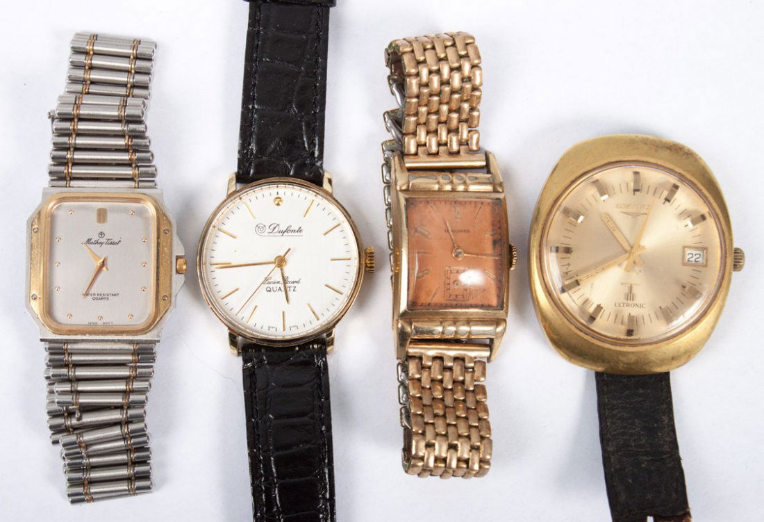 Four gentleman's designer wrist watches: including: Dufonte by Lucien Piccard, Mathey-Tissot, and two Longines