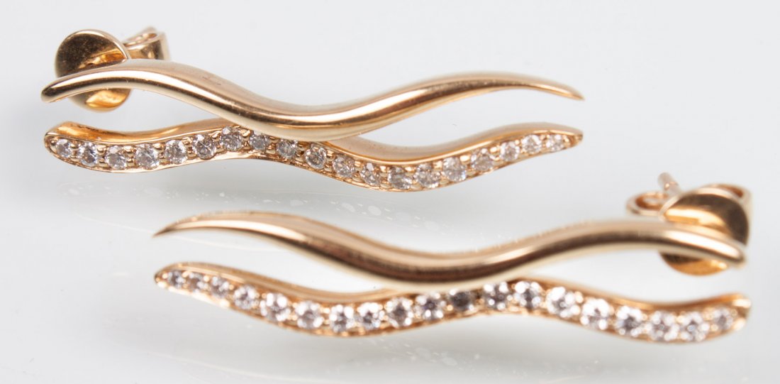 Pair of lady's Movado 18K gold & diamond earrings: 1 1/4 in. L.; 6.2 grams