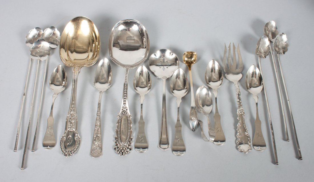 Assortment of sterling silver flatware pieces: by various makers, comprising 18 items, including: Gorham berry spoon, Watson berry spoon, 6 Mexican ice tea spoons, 5 Whiting grapefruit spoons, pastry fork, sauce ladle, feeding spoon, teaspoon, and