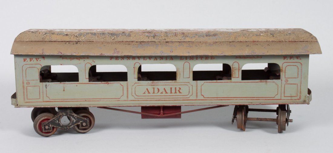 American tin plate passenger car: before 1917; probably Carlisle & Finch, grey painted car with stencil wording "Pennsylvania Limited ADAIR," 15 in. L.