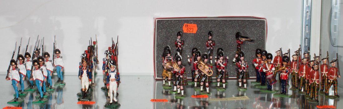 Assortment of cast lead and painted soldiers: figures include: Napoleonic, Scots Guard bands, and British Colonial, makers include: Britains, including three-piece boxed set Scots Guards band set...5994