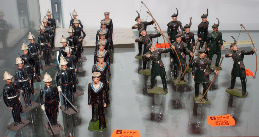 30 assorted painted lead soldiers: circa 1930s-50s; including 14 blue jacket colonial guards, 6 Royal Navy sailors, 10 Royal Company of Archers, most or all being Britains