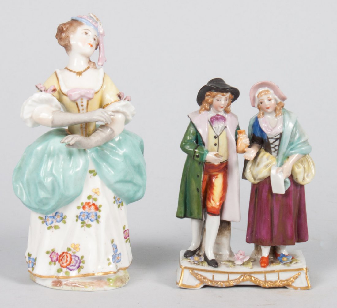 Two Continental porcelain figures: Capodimonte porcelain figural group of 19th century man and woman, 4 in. H., and French figure of a 19th century beauty, 5 1/2 in. H.