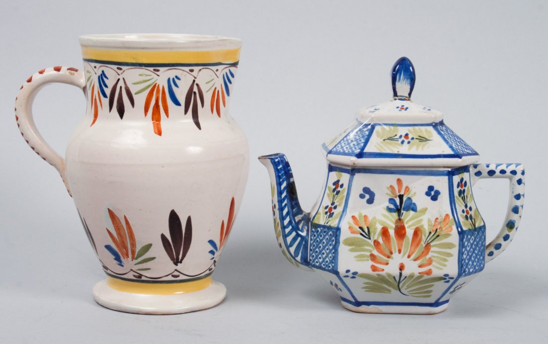 Quimper faience wine measure and teapot: 20th century; Henriot Quimper floral decorated wine measure, with impressed "2" on bottom, marked "Henriot Quimper France 82," 6 in. H., and "HB Quimper" floral decorated teapot, marked "HB Quimper Fr