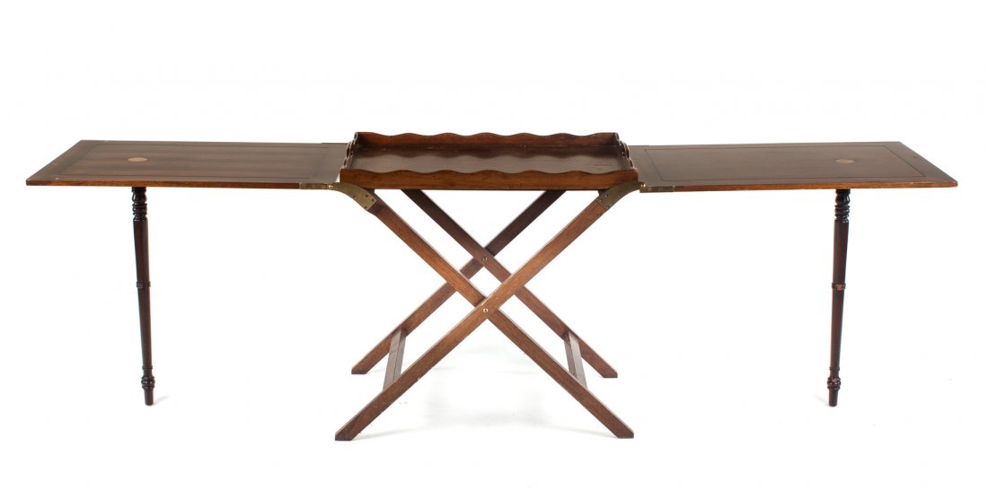 Georgian style mahogany butler's tray table: folding stand with removable two-handled gallery tray, stand - 30 in. H., 30 1/2 in. W., 21 in. D.