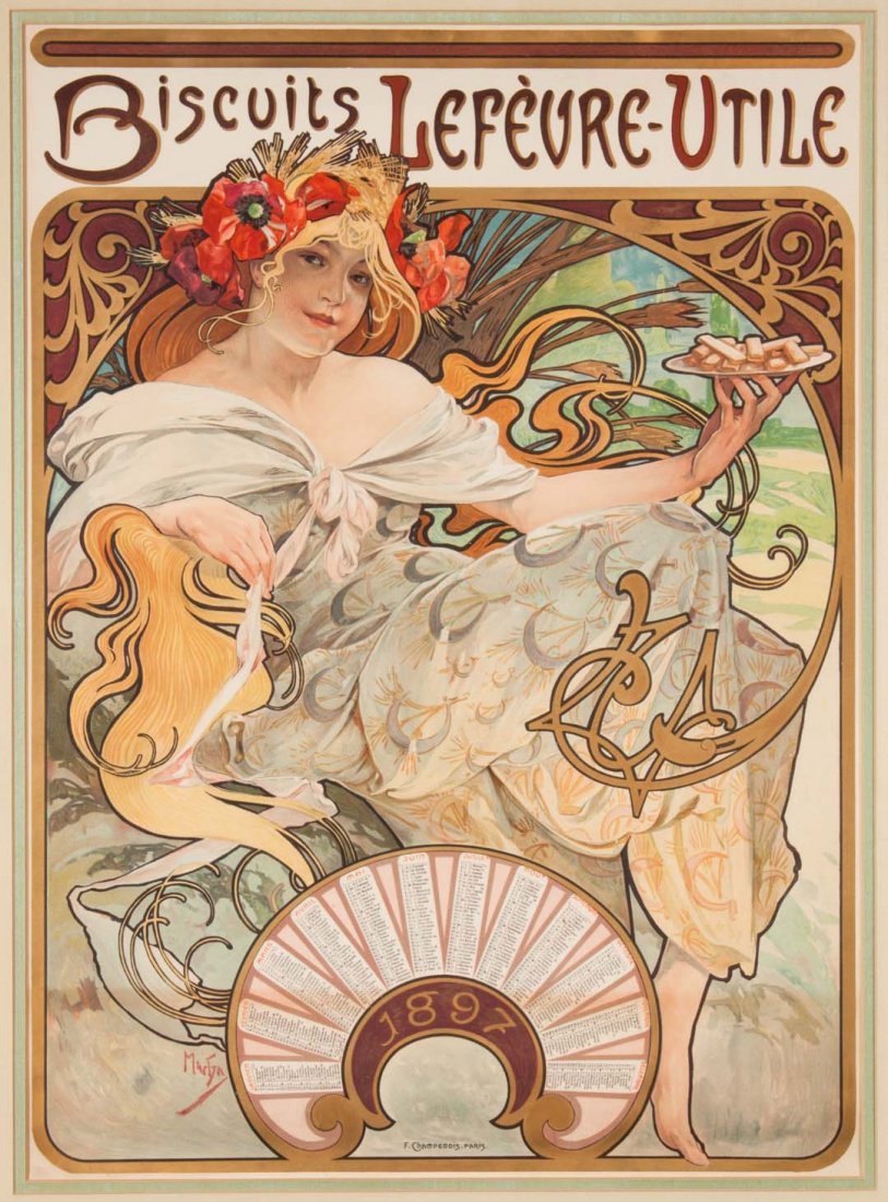 Alphonse Mucha. Biscuits Lefevre-Utile, lithograph: (Czech, 1860-1939). Color lithographic advertising poster, 24 1/2 x 17 1/2 x in., framed