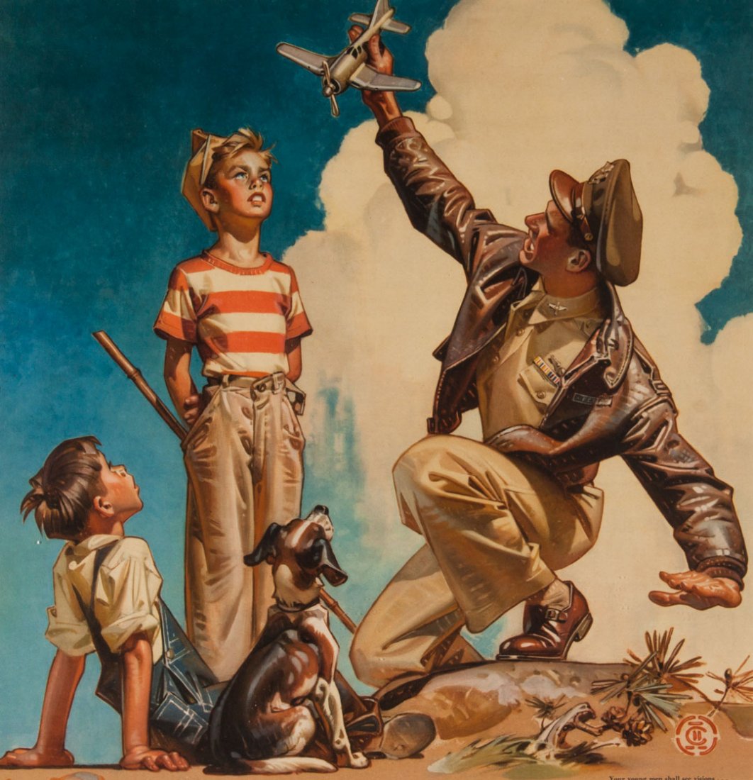 Joseph Leyendecker. Calendar advertising print: Joseph Christian Leyendecker (German/American, 1874-1951). "Your young men shall see visions...," color print from 1944 Goodyear promotional calendar, artist's monogram in print lr, 20 1/2 x 20 in., f