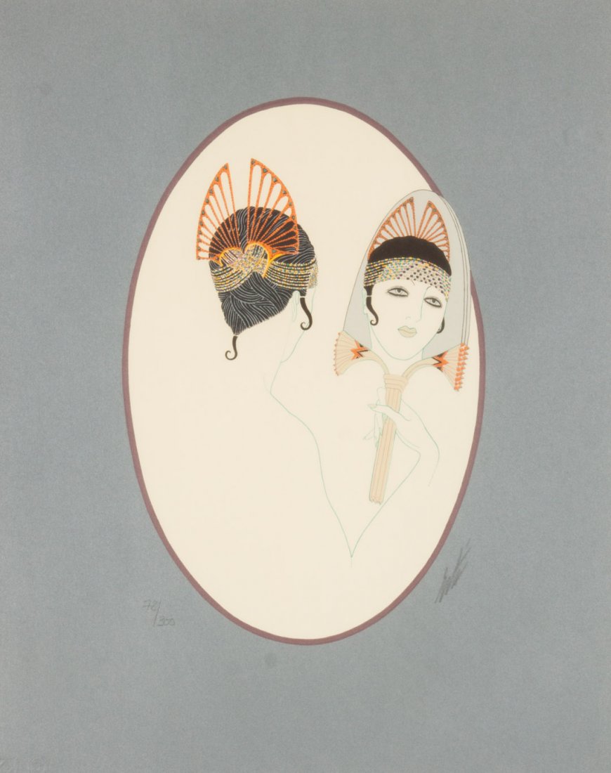 Erte. Woman with Mirror, color screenprint: Romain de Tirtoff, called Erte (Russian/French, 1892-1990). Ed. 78/300, numbered ll, signed "Erte" lr, 19 x 15 in., framed