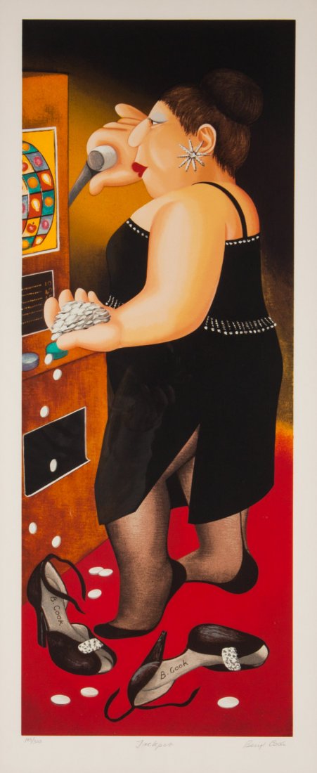Beryl Cook. "Jackpot," color lithograph, framed: (American, 1926-2008). Ed. 143/300, signed "Beryl Cook" lr, 29 1/2 x 11 1/4 in.