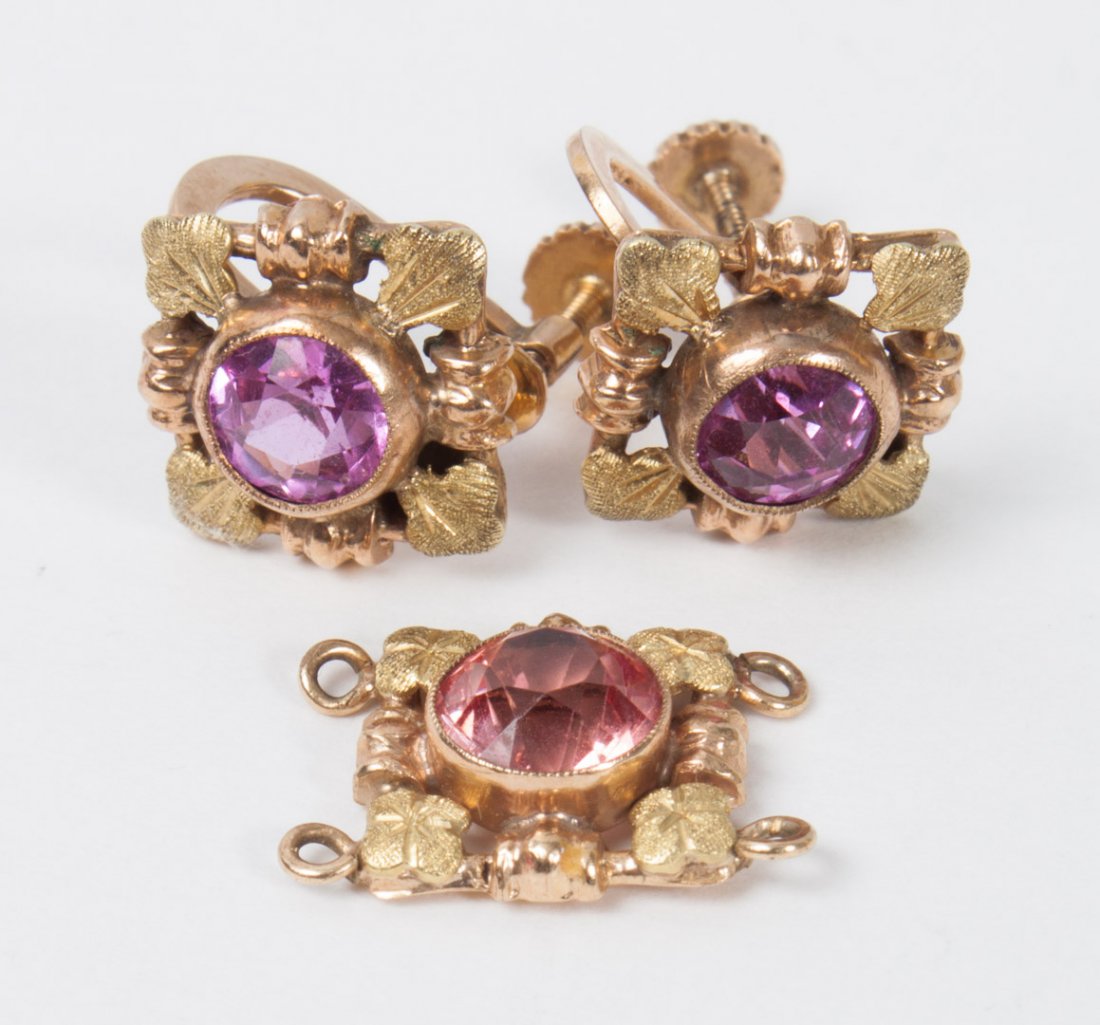Lady's gold and pink stone earrings & pendant: 8K gold square earrings, 1/2 in. W.; and similar 10K gold pendant, 5/8 in. W., 5 grams t.w.