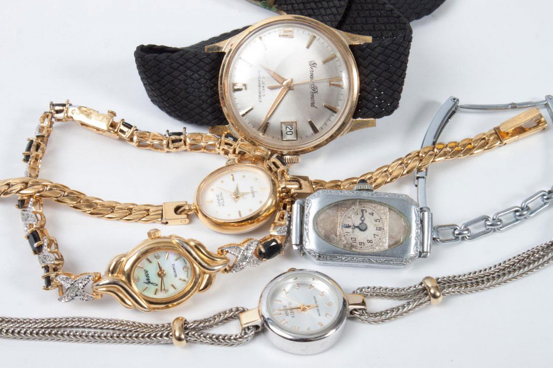 Four assorted lady's wrist watches: Art Deco watch (cracked crystal), 2 Anne Klein watches, and a Jasco vermeil watch; together with a Gervais-Penard gentleman's watch