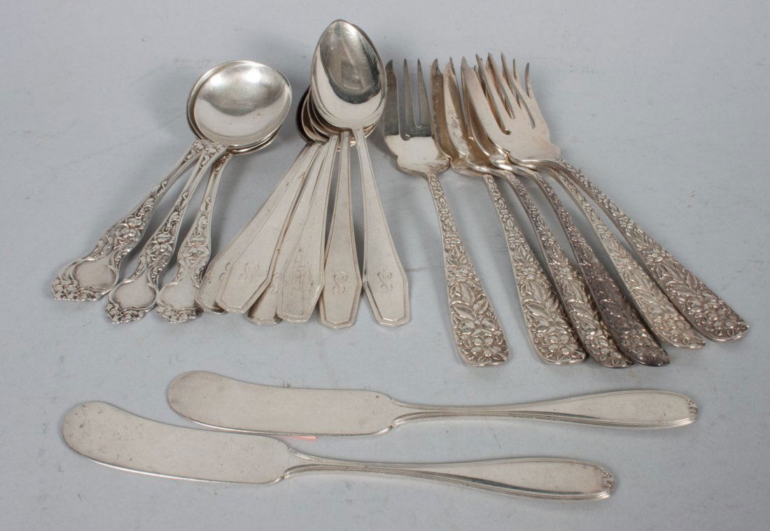 Group of American sterling silver flatware: comprising 18 pieces (various makers), 6 Alvin teaspoons, 6 repousse pastry forks, 4 Wallace bouillon spoons, and 2 Alvin butter knives; 13.77 ozt. t.w.